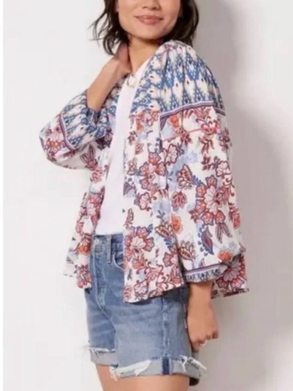 Evereve | Linen Blend Penny Floral Wrap Open Front Kimono Blouse | Size M/L